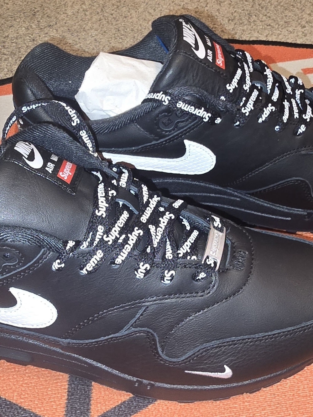Nike Black and White Leather Sneakers with Supreme Laces